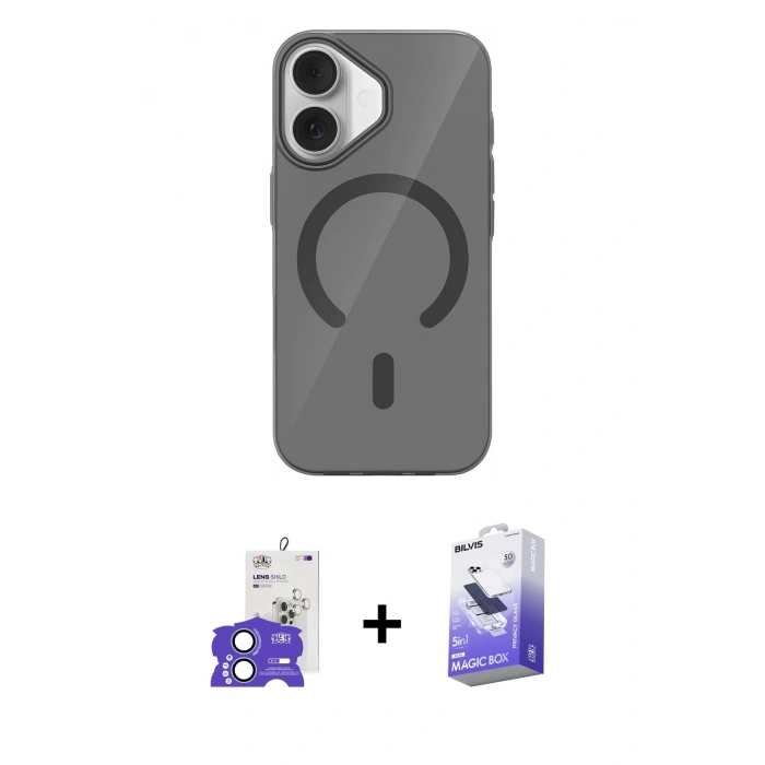 MARSİLYAN™- iPhone 17 Kılıf Pusula Form Özel Seri - Siyah Bilvis 5in1 5D Magic Hayalet Cam Ekran Koruyucu + Bilvis Titan Kamera Lens - AKMI