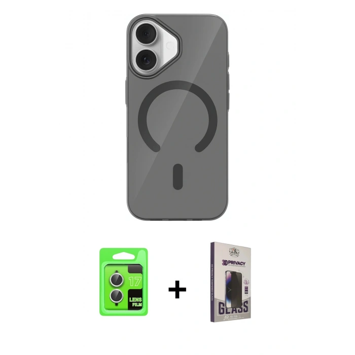 MARSİLYAN™- iPhone 17 Kılıf Pusula Form Özel Seri - Siyah Bilvis Hayalet Cam Ekran Koruyucu + Raze Metal Kamera Lens - GS