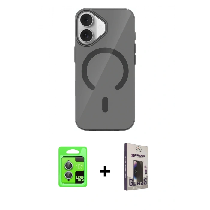 MARSİLYAN™- iPhone 17 Kılıf Pusula Form Özel Seri - Siyah Bilvis Hayalet Cam Ekran Koruyucu + Raze Metal Kamera Lens - AKMI