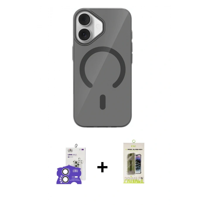 MARSİLYAN™- iPhone 17 Kılıf Pusula Form Özel Seri - Siyah Joko Magic 5D Hayalet Cam + Gümüş Bilvis Titan Kamera Lens