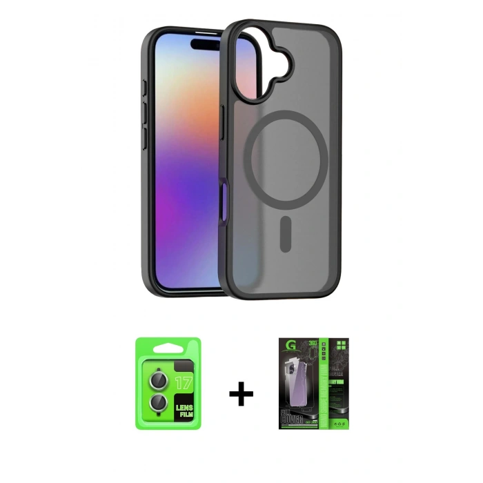 MARSİLYAN™- iPhone 17 Kılıf Siluet Minimal Prime - Siyah 360 Mat Full Body Arka Koruyucu + Raze Metal Kamera Lens - AKYL