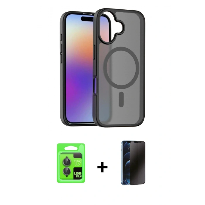 MARSİLYAN™- iPhone 17 Kılıf Siluet Minimal Prime - Siyah 3D Antistatik Hayalet Cam Ekran Koruyucu + Raze Metal Kamera Lens - GI
