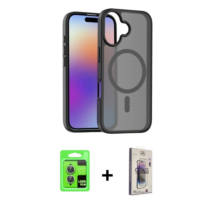 MARSİLYAN™- iPhone 17 Kılıf Siluet Minimal Prime - Siyah Bilvis 3D Cam Ekran Koruyucu + Raze Metal Kamera Lens - AKYL