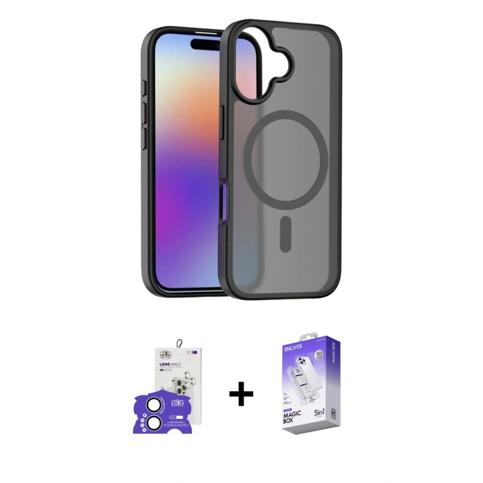MARSİLYAN™- iPhone 17 Kılıf Siluet Minimal Prime - Siyah Bilvis 5in1 3D Magic Cam Ekran Koruyucu + Açık Mavi Bilvis Titan Kamera Lens