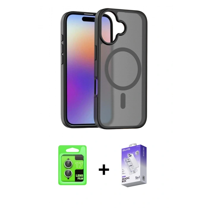MARSİLYAN™- iPhone 17 Kılıf Siluet Minimal Prime - Siyah Bilvis 5in1 3D Magic Cam Ekran Koruyucu + Raze Metal Kamera Lens - AKYL