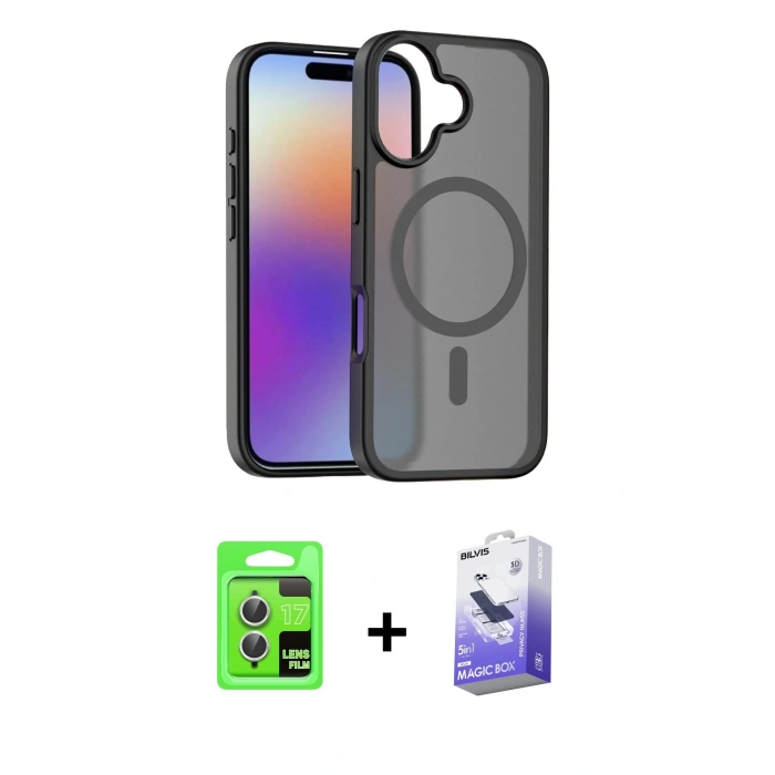 MARSİLYAN™- iPhone 17 Kılıf Siluet Minimal Prime - Siyah Bilvis 5in1 5D Magic Hayalet Cam Ekran Koruyucu + Raze Metal Kamera Lens - GS
