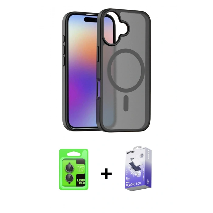 MARSİLYAN™- iPhone 17 Kılıf Siluet Minimal Prime - Siyah Bilvis 5in1 5D Magic Hayalet Cam Ekran Koruyucu + Raze Metal Kamera Lens - GI