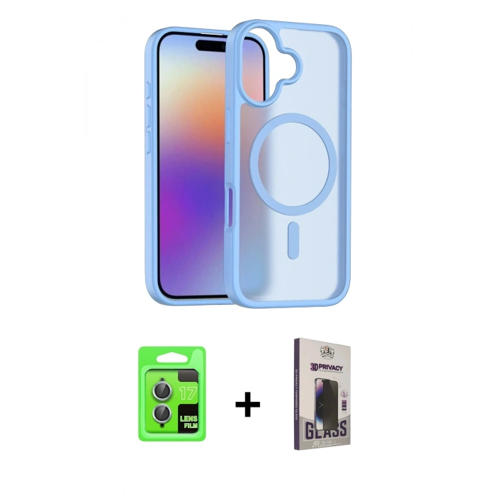 MARSİLYAN™- iPhone 17 Kılıf Siluet Minimal Prime - Siyah Bilvis Hayalet Cam Ekran Koruyucu + Açık Mavi Raze Metal Kamera Lens