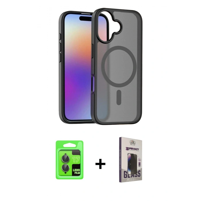 MARSİLYAN™- iPhone 17 Kılıf Siluet Minimal Prime - Siyah Bilvis Hayalet Cam Ekran Koruyucu + Raze Metal Kamera Lens - GI