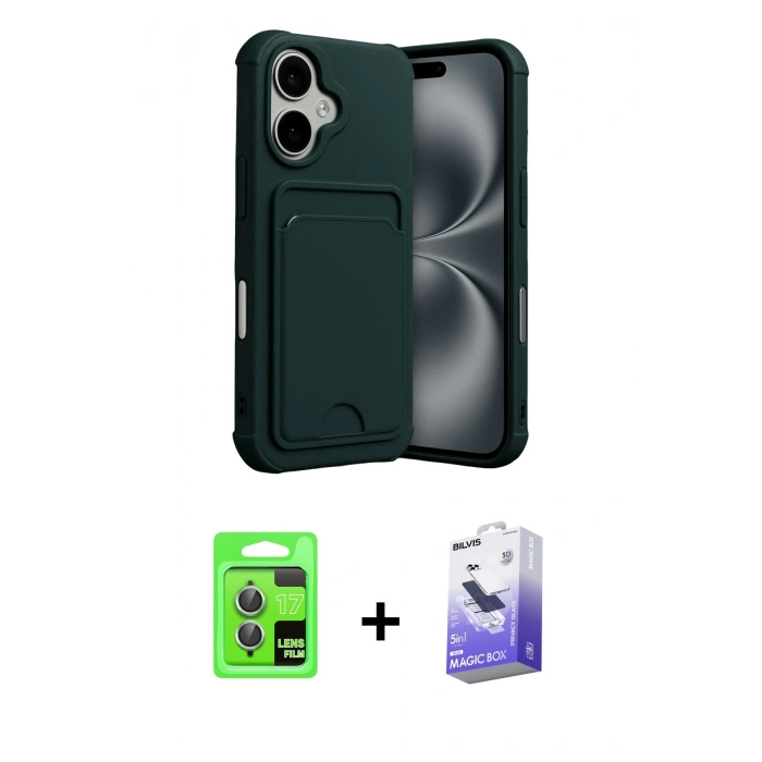 MARSİLYAN™- iPhone 17 Kılıf Vadi Çizgi Prime - Siyah Bilvis 5in1 5D Magic Hayalet Cam Ekran Koruyucu + Açık Yeşil Raze Metal Kamera Lens