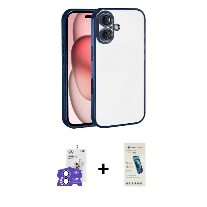 MARSİLYAN™- iPhone 17 Kılıf Vadi Minimal - Şeffaf Pasifik Cam Ekran Koruyucu + Açık Mavi Bilvis Titan Kamera Lens