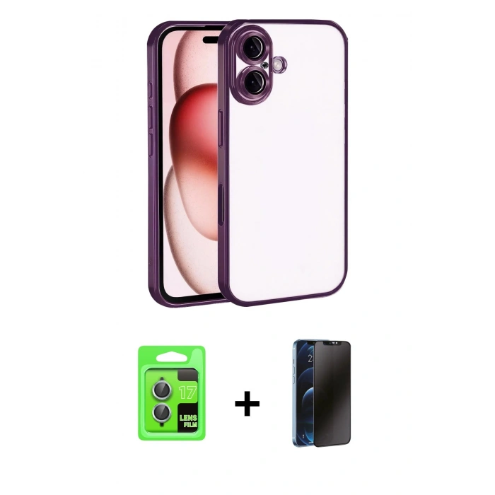 MARSİLYAN™- iPhone 17 Kılıf Vadi Minimal - Siyah 3D Antistatik Hayalet Cam Ekran Koruyucu + Raze Metal Kamera Lens - AKMI