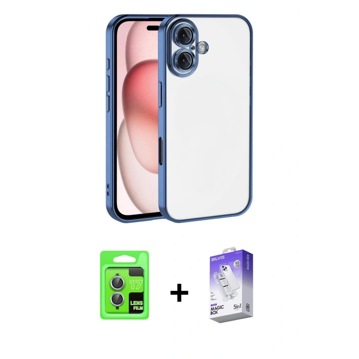 MARSİLYAN™- iPhone 17 Kılıf Vadi Minimal - Siyah Bilvis 5in1 3D Magic Cam Ekran Koruyucu + Açık Mavi Raze Metal Kamera Lens