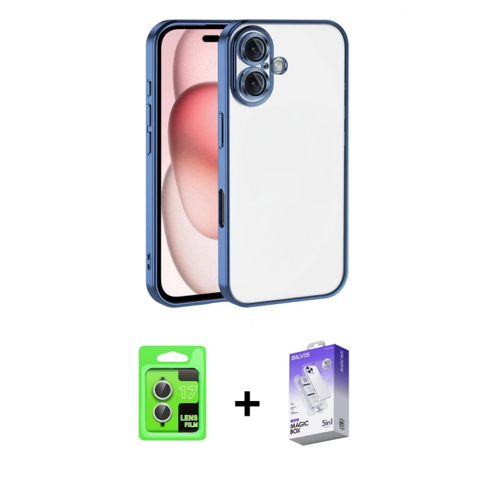MARSİLYAN™- iPhone 17 Kılıf Vadi Minimal - Siyah Bilvis 5in1 3D Magic Cam Ekran Koruyucu + Raze Metal Kamera Lens - GS