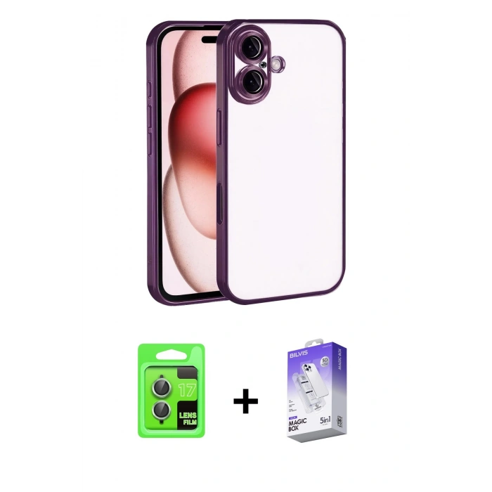 MARSİLYAN™- iPhone 17 Kılıf Vadi Minimal - Siyah Bilvis 5in1 3D Magic Cam Ekran Koruyucu + Raze Metal Kamera Lens - AKYL