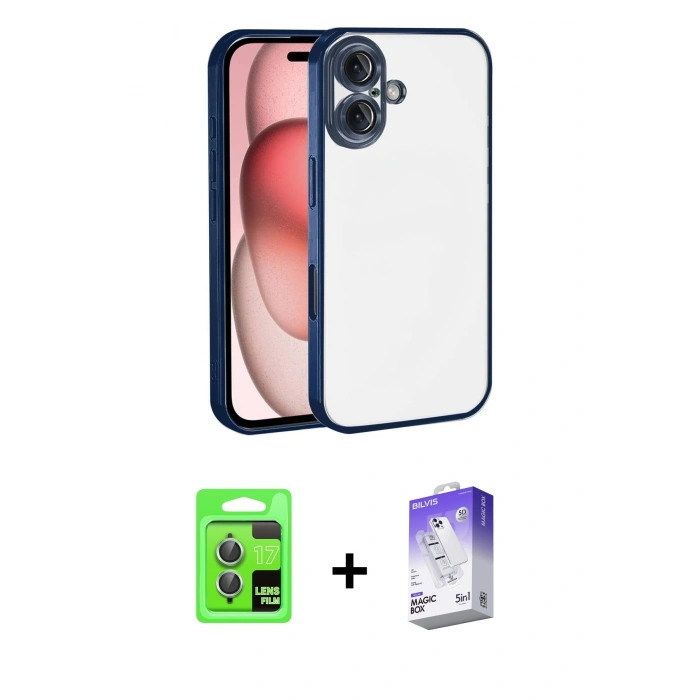 MARSİLYAN™- iPhone 17 Kılıf Vadi Minimal - Siyah Bilvis 5in1 3D Magic Cam Ekran Koruyucu + Raze Metal Kamera Lens - AKYL