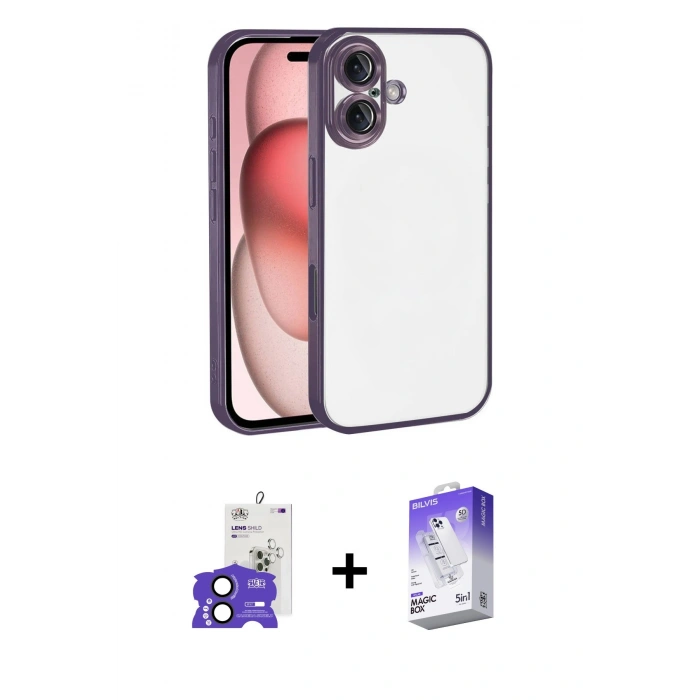 MARSİLYAN™- iPhone 17 Kılıf Vadi Minimal - Siyah Bilvis 5in1 3D Magic Cam Ekran Koruyucu + Bilvis Titan Kamera Lens - SH