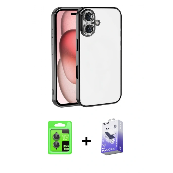 MARSİLYAN™- iPhone 17 Kılıf Vadi Minimal - Siyah Bilvis 5in1 5D Magic Hayalet Cam Ekran Koruyucu + Raze Metal Kamera Lens - GI