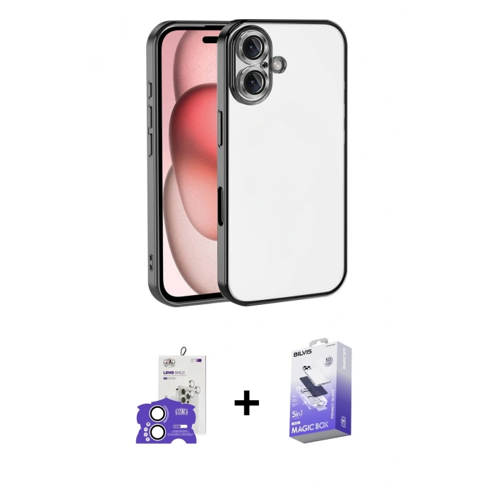 MARSİLYAN™- iPhone 17 Kılıf Vadi Minimal - Siyah Bilvis 5in1 5D Magic Hayalet Cam Ekran Koruyucu + Gümüş Bilvis Titan Kamera Lens