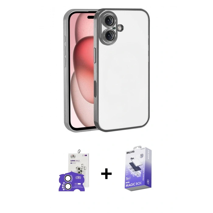 MARSİLYAN™- iPhone 17 Kılıf Vadi Minimal - Siyah Bilvis 5in1 5D Magic Hayalet Cam Ekran Koruyucu + Gümüş Bilvis Titan Kamera Lens