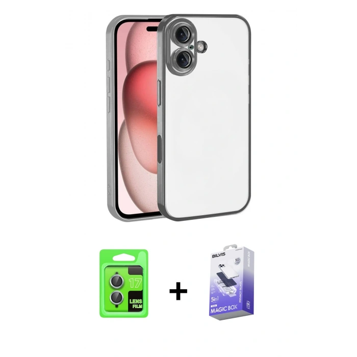 MARSİLYAN™- iPhone 17 Kılıf Vadi Minimal - Siyah Bilvis 5in1 5D Magic Hayalet Cam Ekran Koruyucu + Raze Metal Kamera Lens - AKMI