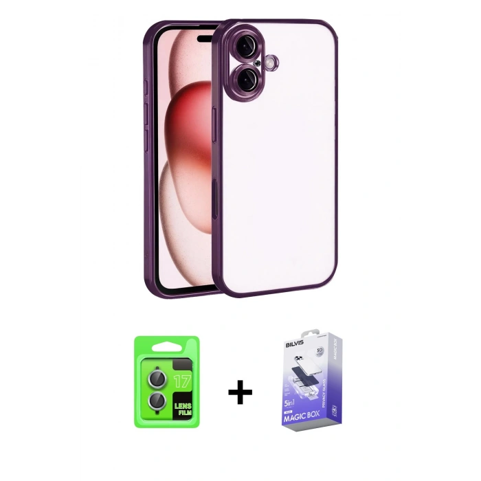 MARSİLYAN™- iPhone 17 Kılıf Vadi Minimal - Siyah Bilvis 5in1 5D Magic Hayalet Cam Ekran Koruyucu + Raze Metal Kamera Lens - AKMI