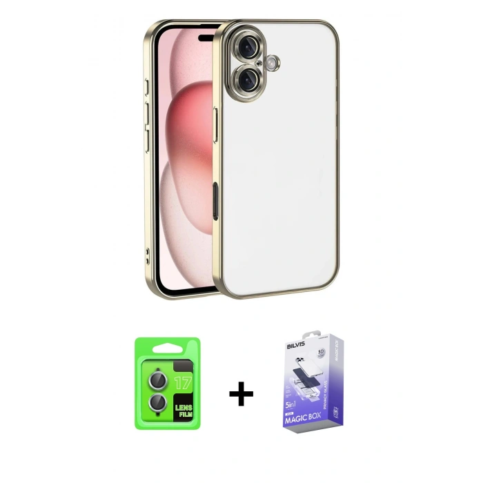 MARSİLYAN™- iPhone 17 Kılıf Vadi Minimal - Siyah Bilvis 5in1 5D Magic Hayalet Cam Ekran Koruyucu + Raze Metal Kamera Lens - AKMI