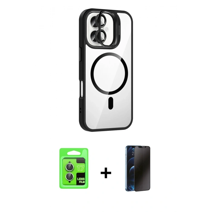 MARSİLYAN™- iPhone 17 Kılıf Yadigar Asil Koleksiyonu - Siyah 3D Antistatik Hayalet Cam Ekran Koruyucu + Raze Metal Kamera Lens - AKYL