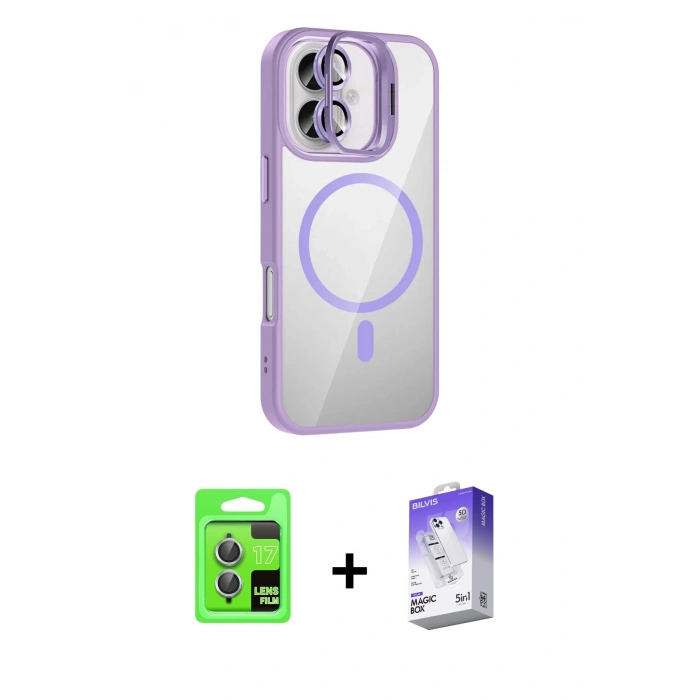 MARSİLYAN™- iPhone 17 Kılıf Yadigar Asil Koleksiyonu - Siyah Bilvis 5in1 3D Magic Cam Ekran Koruyucu + Açık Mavi Raze Metal Kamera Lens