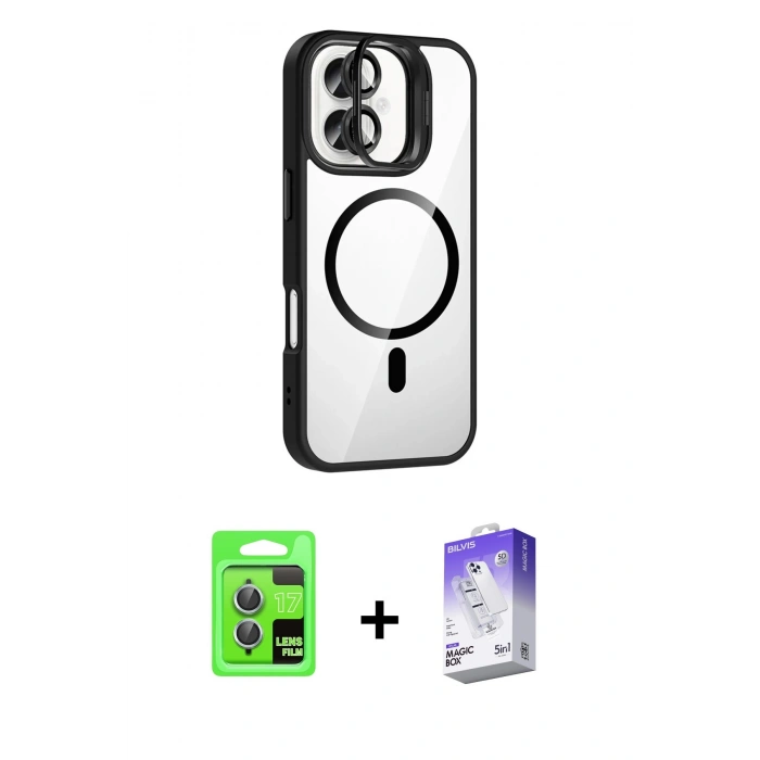 MARSİLYAN™- iPhone 17 Kılıf Yadigar Asil Koleksiyonu - Siyah Bilvis 5in1 3D Magic Cam Ekran Koruyucu + Açık Mavi Raze Metal Kamera Lens