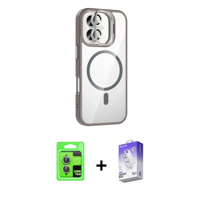 MARSİLYAN™- iPhone 17 Kılıf Yadigar Asil Koleksiyonu - Siyah Bilvis 5in1 3D Magic Cam Ekran Koruyucu + Açık Mavi Raze Metal Kamera Lens