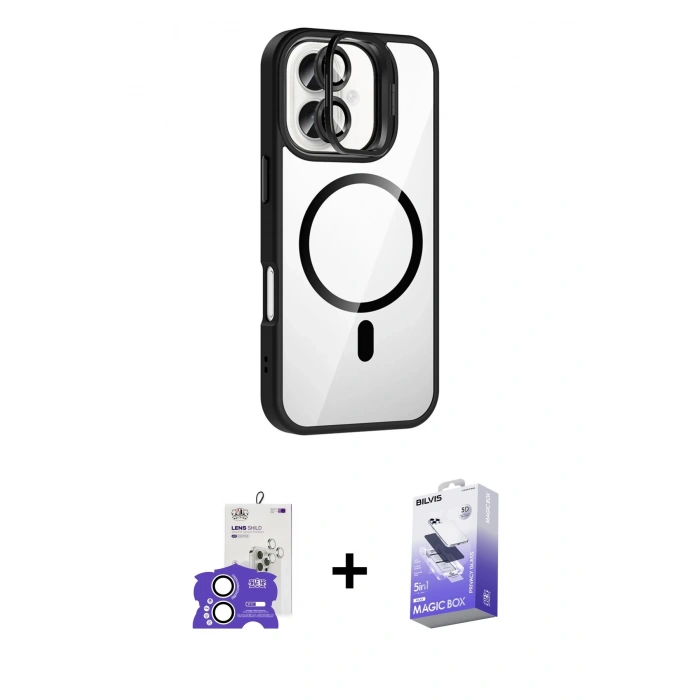 MARSİLYAN™- iPhone 17 Kılıf Yadigar Asil Koleksiyonu - Siyah Bilvis 5in1 5D Magic Hayalet Cam Ekran Koruyucu + Bilvis Titan Kamera Lens - GS