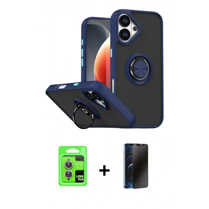 MARSİLYAN™- iPhone 17 Kılıf Yörünge Çizgi - Siyah 3D Antistatik Hayalet Cam Ekran Koruyucu + Raze Metal Kamera Lens - AKMR