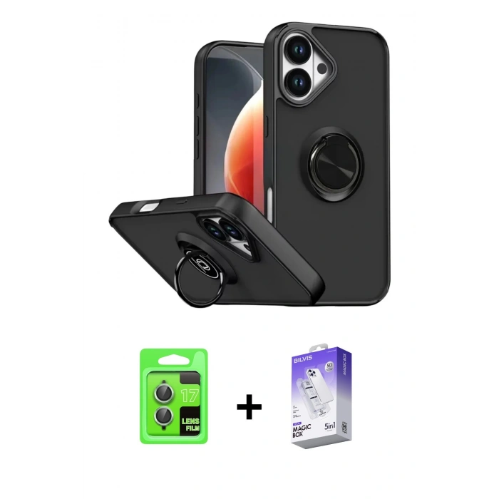 MARSİLYAN™- iPhone 17 Kılıf Yörünge Çizgi - Siyah Bilvis 5in1 3D Magic Cam Ekran Koruyucu + Raze Metal Kamera Lens - AKYL