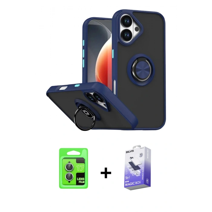 MARSİLYAN™- iPhone 17 Kılıf Yörünge Çizgi - Siyah Bilvis 5in1 5D Magic Hayalet Cam Ekran Koruyucu + Raze Metal Kamera Lens - AKMI
