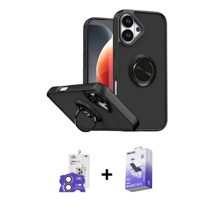 MARSİLYAN™- iPhone 17 Kılıf Yörünge Çizgi - Siyah Bilvis 5in1 5D Magic Hayalet Cam Ekran Koruyucu + Bilvis Titan Kamera Lens - AKYL