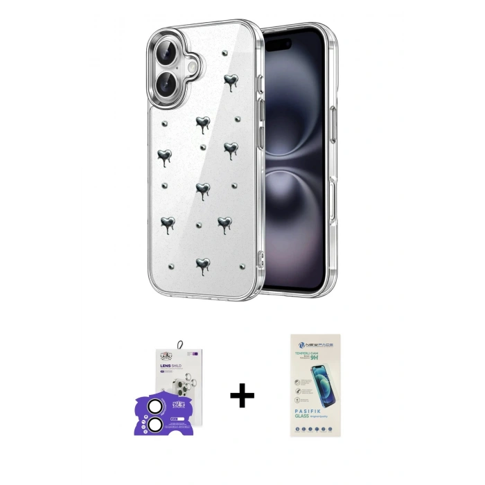MARSİLYAN™- iPhone 17 Kılıf Yörünge Form - Şeffaf Pasifik Cam Ekran Koruyucu + Bilvis Titan Kamera Lens - AKYL