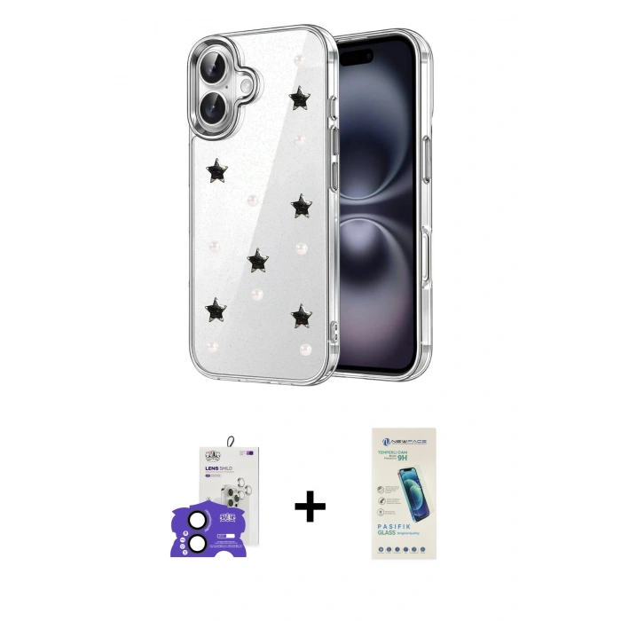 MARSİLYAN™- iPhone 17 Kılıf Yörünge Form - Şeffaf Pasifik Cam Ekran Koruyucu + Bilvis Titan Kamera Lens - SH