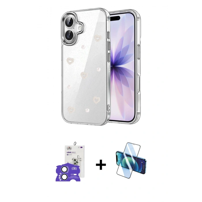 MARSİLYAN™- iPhone 17 Kılıf Yörünge Form - Siyah 3D Antistatik Cam Ekran Koruyucu + Bilvis Titan Kamera Lens - AKMI