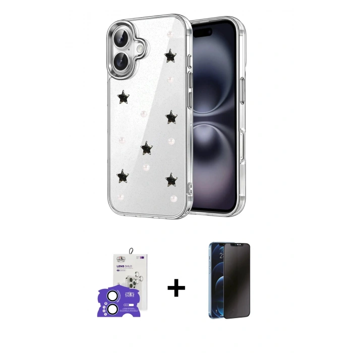 MARSİLYAN™- iPhone 17 Kılıf Yörünge Form - Siyah 3D Antistatik Hayalet Cam Ekran Koruyucu + Bilvis Titan Kamera Lens - AKMI