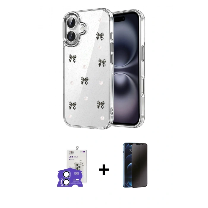 MARSİLYAN™- iPhone 17 Kılıf Yörünge Form - Siyah 3D Antistatik Hayalet Cam Ekran Koruyucu + Bilvis Titan Kamera Lens - AKMI