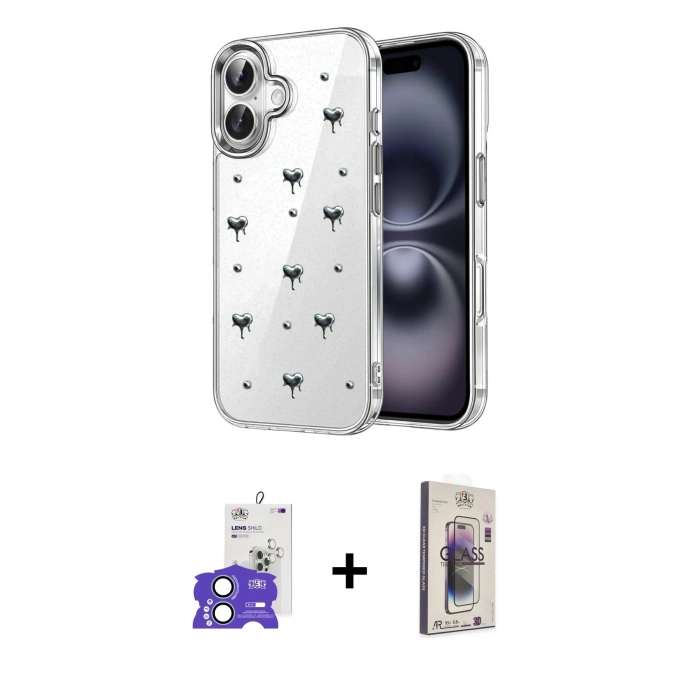 MARSİLYAN™- iPhone 17 Kılıf Yörünge Form - Siyah Bilvis 3D Cam Ekran Koruyucu + Bilvis Titan Kamera Lens - AKMI