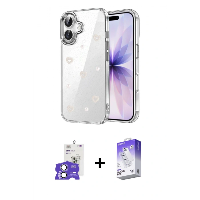 MARSİLYAN™- iPhone 17 Kılıf Yörünge Form - Siyah Bilvis 5in1 3D Magic Cam Ekran Koruyucu + Bilvis Titan Kamera Lens - GS