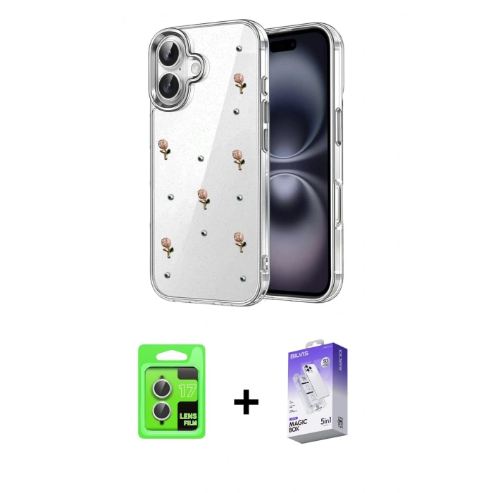MARSİLYAN™- iPhone 17 Kılıf Yörünge Form - Siyah Bilvis 5in1 3D Magic Cam Ekran Koruyucu + Raze Metal Kamera Lens - GS