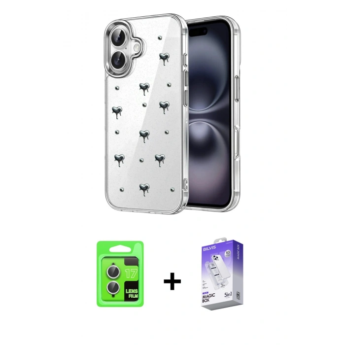 MARSİLYAN™- iPhone 17 Kılıf Yörünge Form - Siyah Bilvis 5in1 3D Magic Cam Ekran Koruyucu + Raze Metal Kamera Lens - GS