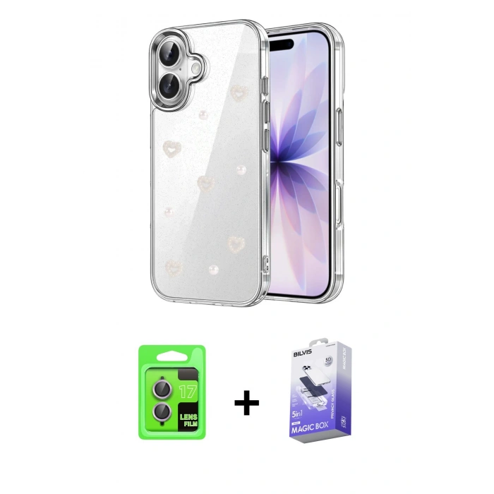 MARSİLYAN™- iPhone 17 Kılıf Yörünge Form - Siyah Bilvis 5in1 5D Magic Hayalet Cam Ekran Koruyucu + Raze Metal Kamera Lens - AKMR