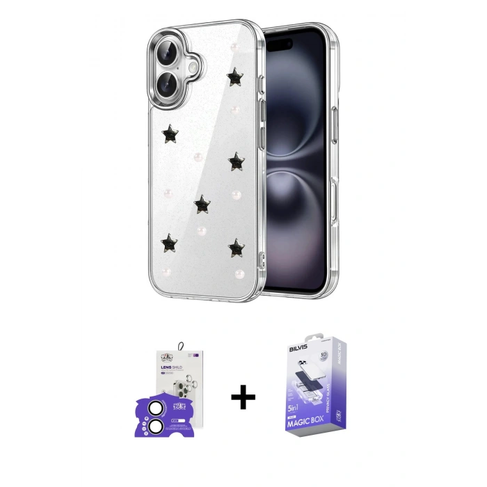 MARSİLYAN™- iPhone 17 Kılıf Yörünge Form - Siyah Bilvis 5in1 5D Magic Hayalet Cam Ekran Koruyucu + Bilvis Titan Kamera Lens - AKYL