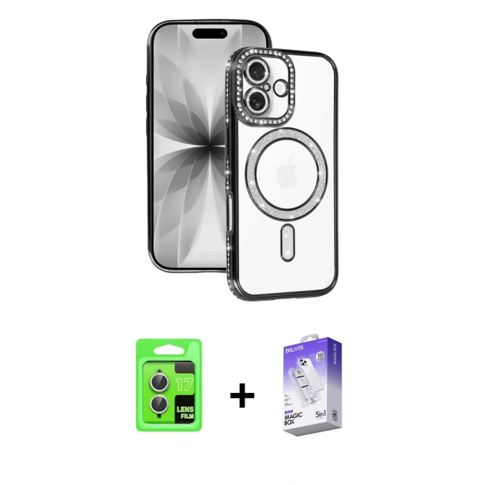 MARSİLYAN™- iPhone 17 Kılıf Zirve Doku Prime - Siyah Bilvis 5in1 3D Magic Cam Ekran Koruyucu + Raze Metal Kamera Lens - GS