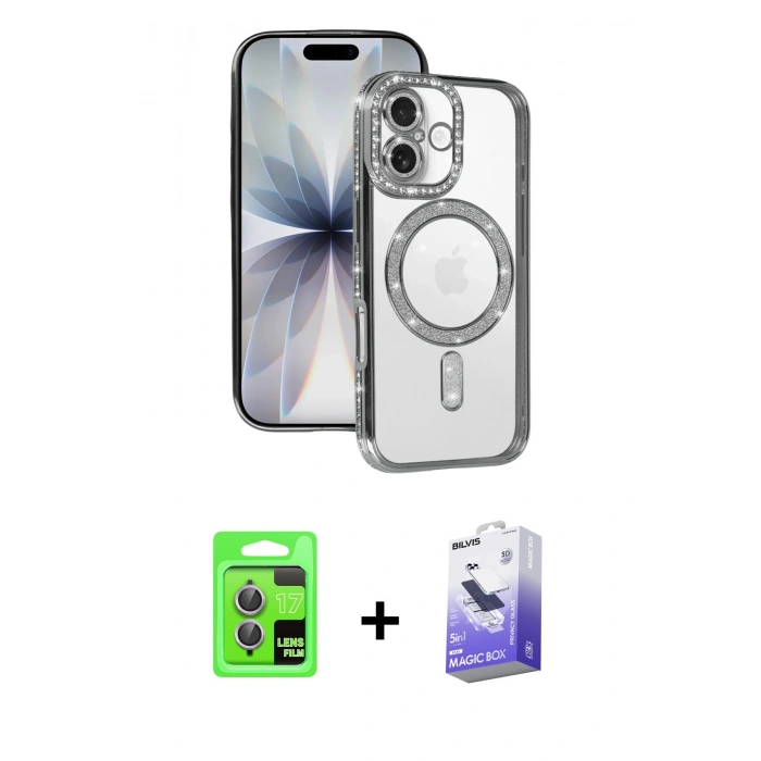 MARSİLYAN™- iPhone 17 Kılıf Zirve Doku Prime - Siyah Bilvis 5in1 5D Magic Hayalet Cam Ekran Koruyucu + Raze Metal Kamera Lens - AKMR