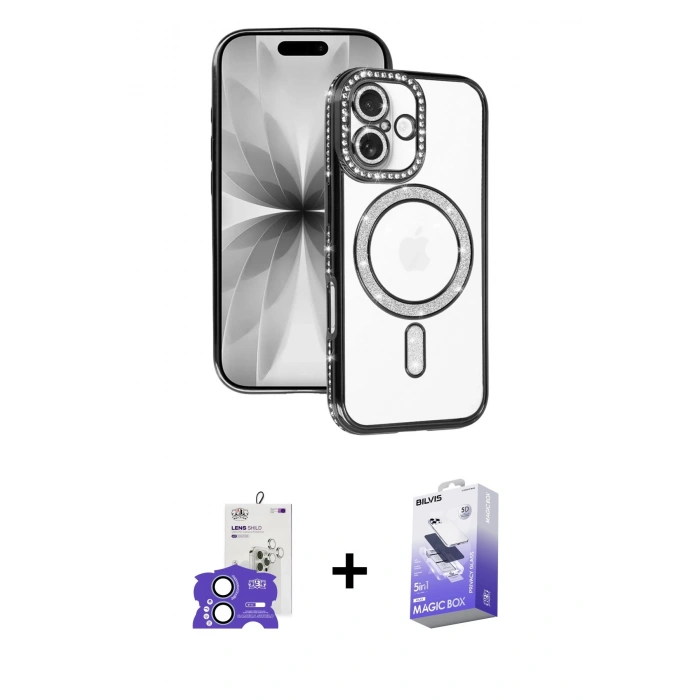 MARSİLYAN™- iPhone 17 Kılıf Zirve Doku Prime - Siyah Bilvis 5in1 5D Magic Hayalet Cam Ekran Koruyucu + Bilvis Titan Kamera Lens - AKMI
